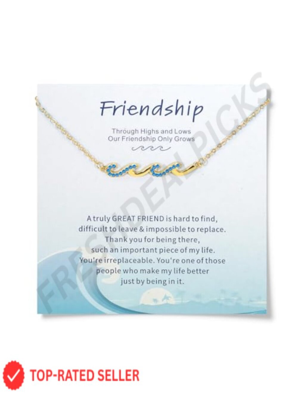 14K Gold Plated Wave Pendant Necklace with Blue Crystals, Dainty Ocean Charm